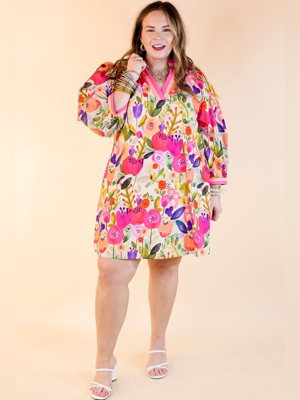 Entro V-Neck Floral Print Mini Dress with 3/4 Sleeves NWT Size 1X